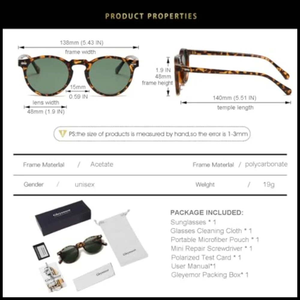 Vintage Polarized Sunglasses for Men Round UV400 Protection Retro Acetate Frame